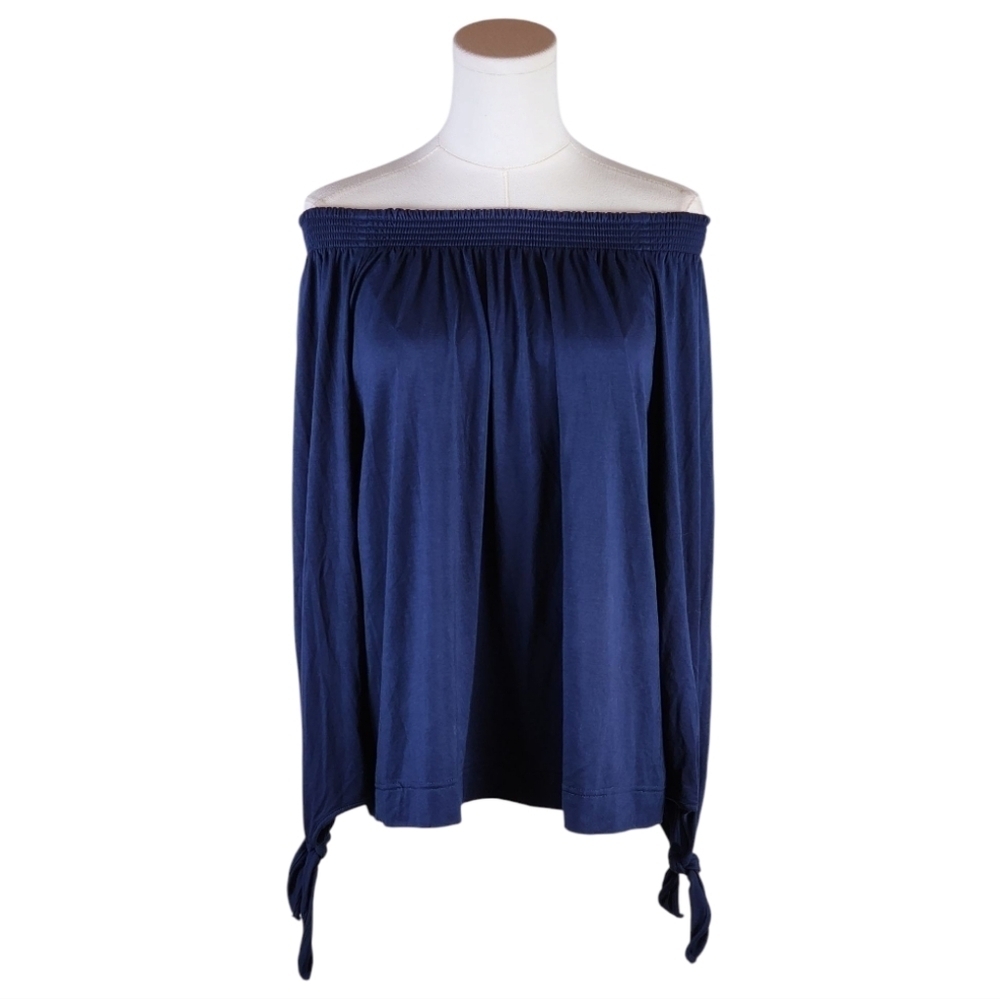 Chaps Navy Off Shoulder Long Sleeve Blouse with Tie Cuffs - Size M